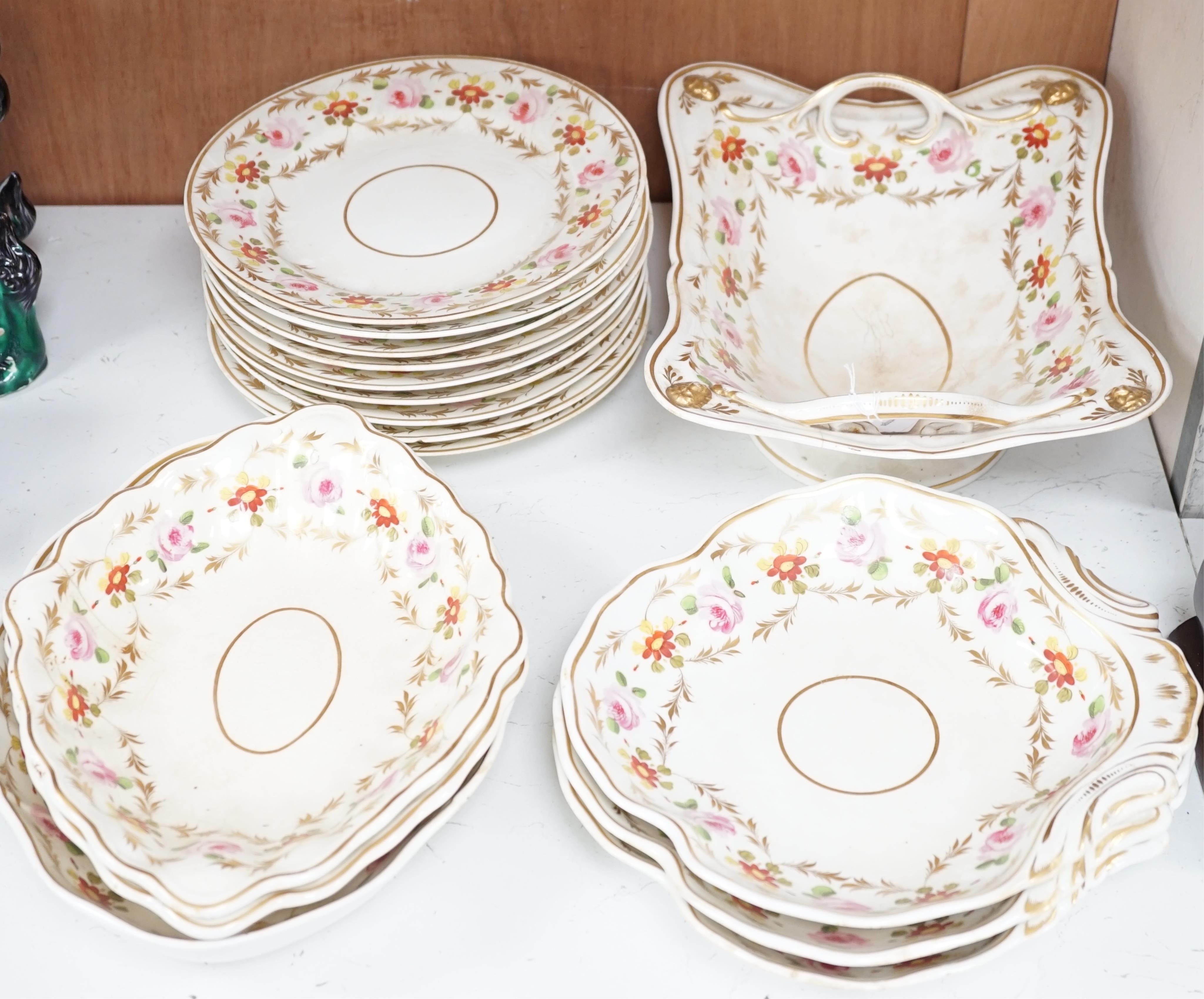 A sixteen piece Derby porcelain part dessert service, the borders painted with roses. Condition - some dishes and plates damaged or stained or crazed.